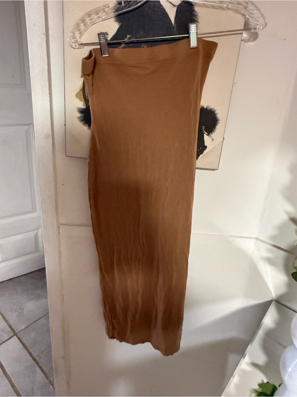 PrettyLittleThing Tan Strapless Ribbed Maxi Dress